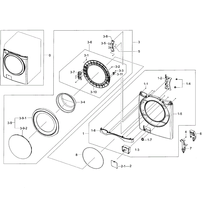 Front / Door Assembly Diagram and Parts List for WF455ARGSWR A2-00 Samsung Washer