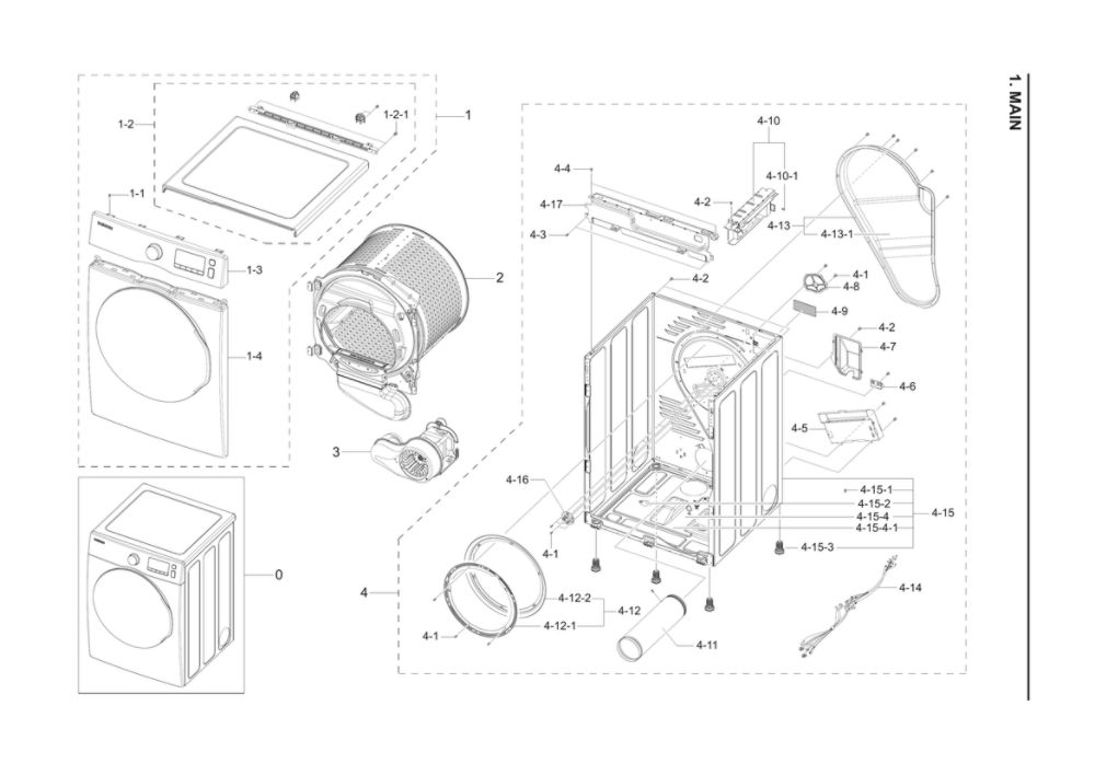 Main Assembly Diagram and Parts List for DV22K6800EW A1-11 Samsung Dryer