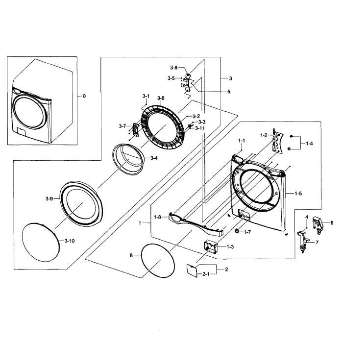 Frame Front And Door Diagram and Parts List for WF457ARGSWR AA-00 Samsung Washer