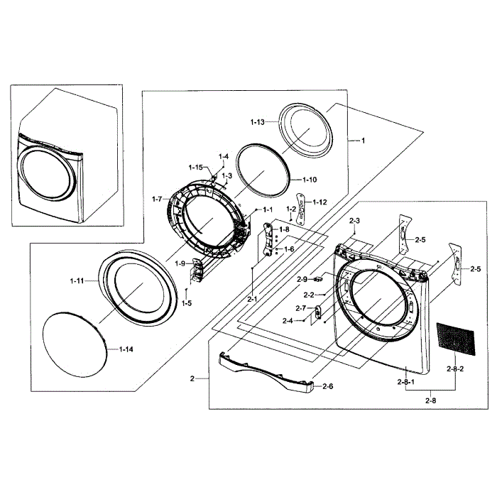 Front / Door Assembly Diagram and Parts List for DV457GVGSWR AA-02 Samsung Dryer