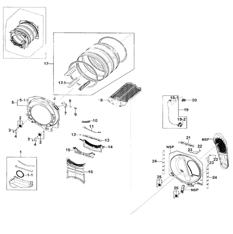 Drum Assy Diagram and Parts List for DV511AER XAA-0002 Samsung Dryer
