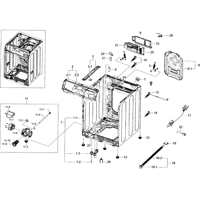 Frame And Cover Diagram and Parts List for WF45K6200AZ A2-01 Samsung Washer