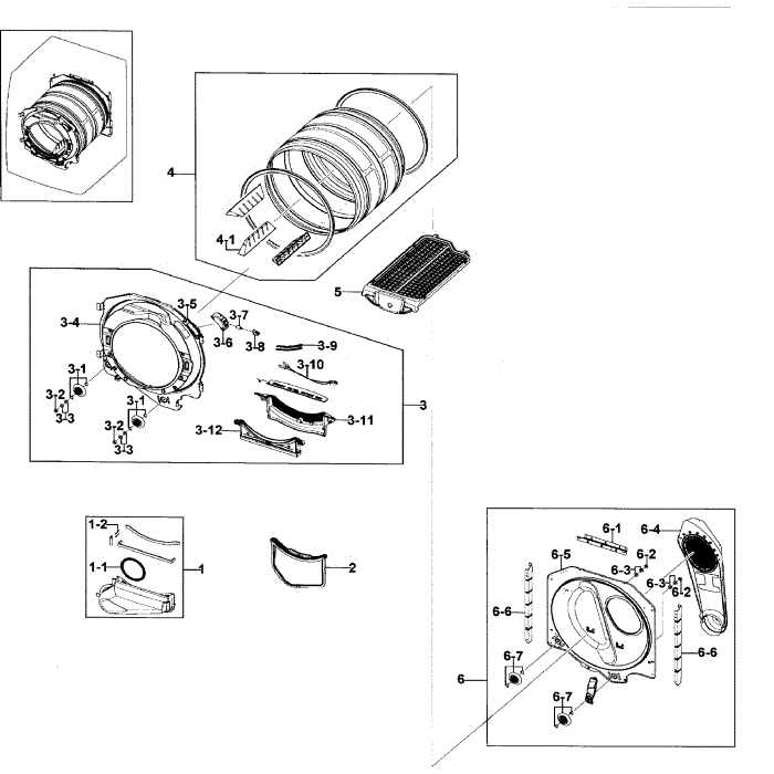Drum Assembly Diagram and Parts List for DV330AEB XAA-00 Samsung Dryer
