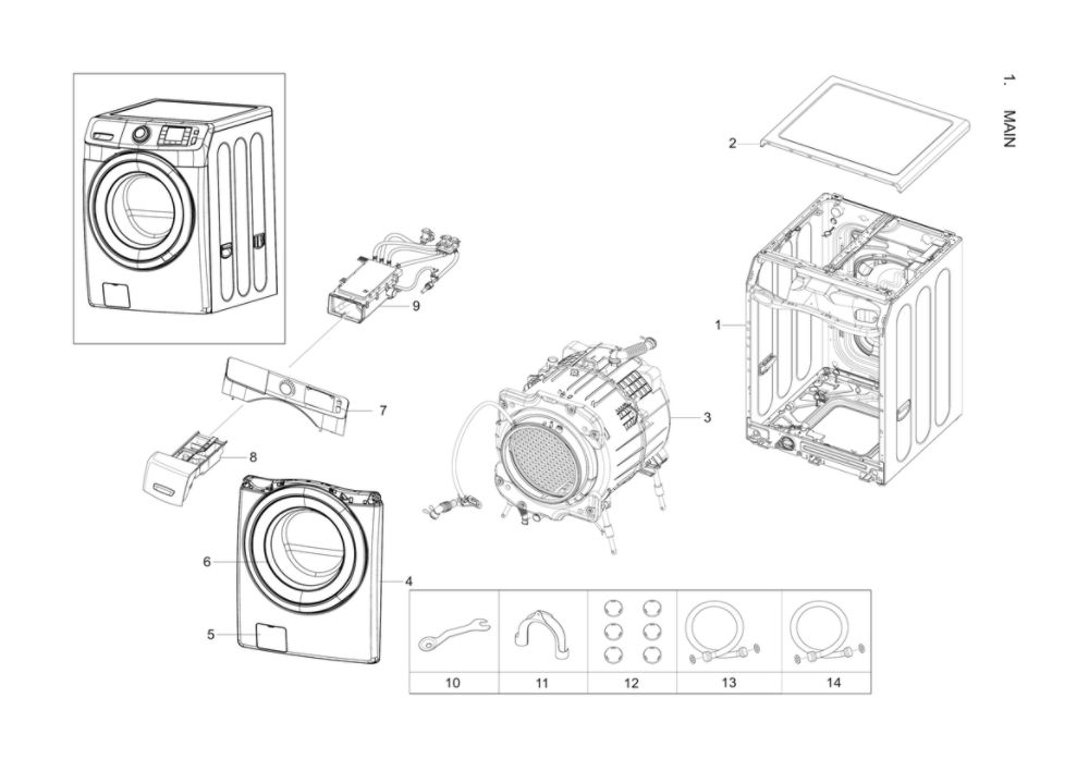 Main Assembly Diagram and Parts List for WF42H5200AF A2-11 Samsung Washer