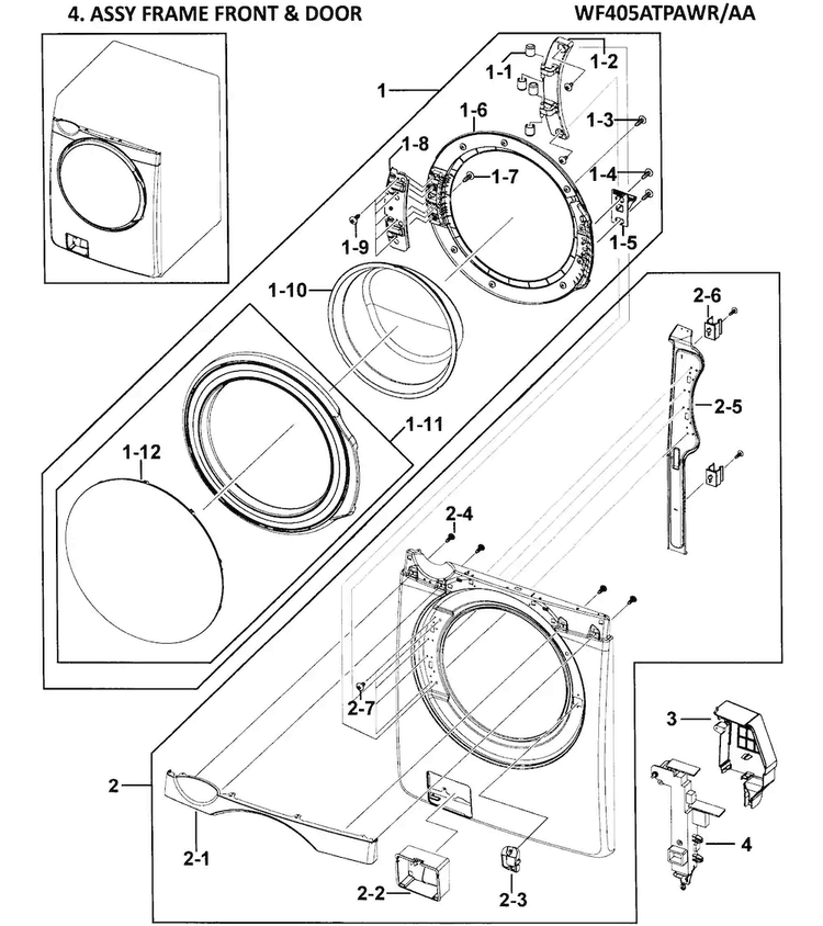 Front/door Diagram and Parts List for WF405ATPAWR AA-0000 Samsung Washer