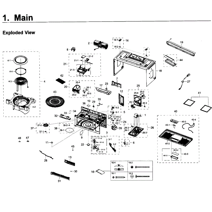 Main Assembly Diagram and Parts List for ME21K7010DS AA-00 Samsung Microwave