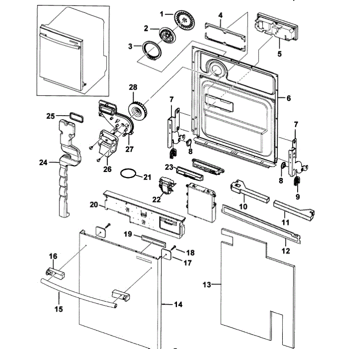 Door Assembly Diagram and Parts List for DMR77LHW XAA-00 Samsung Dishwasher