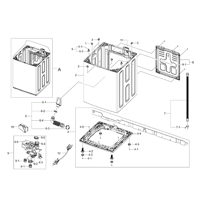 Frame Assembly Diagram and Parts List for WA50F9A7DSW A2-00 Samsung Washer