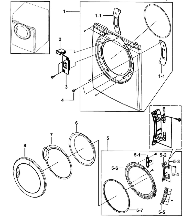 Front Assy Diagram and Parts List for DV317AEW XAA-0000 Samsung Dryer