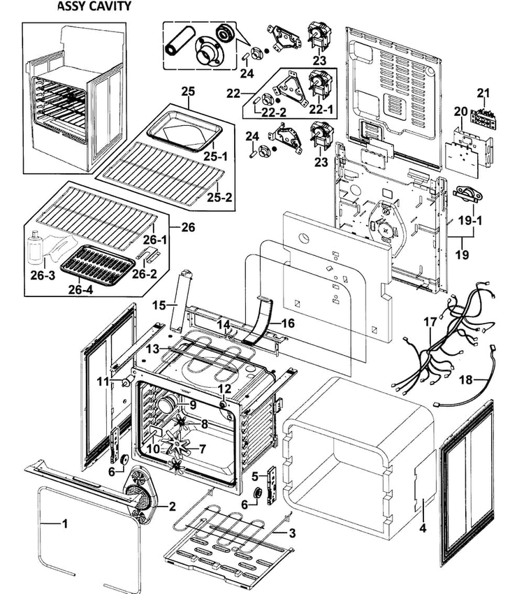 Cavity Assy Diagram and Parts List for FTQ353IWUB XAA-0000 Samsung Range