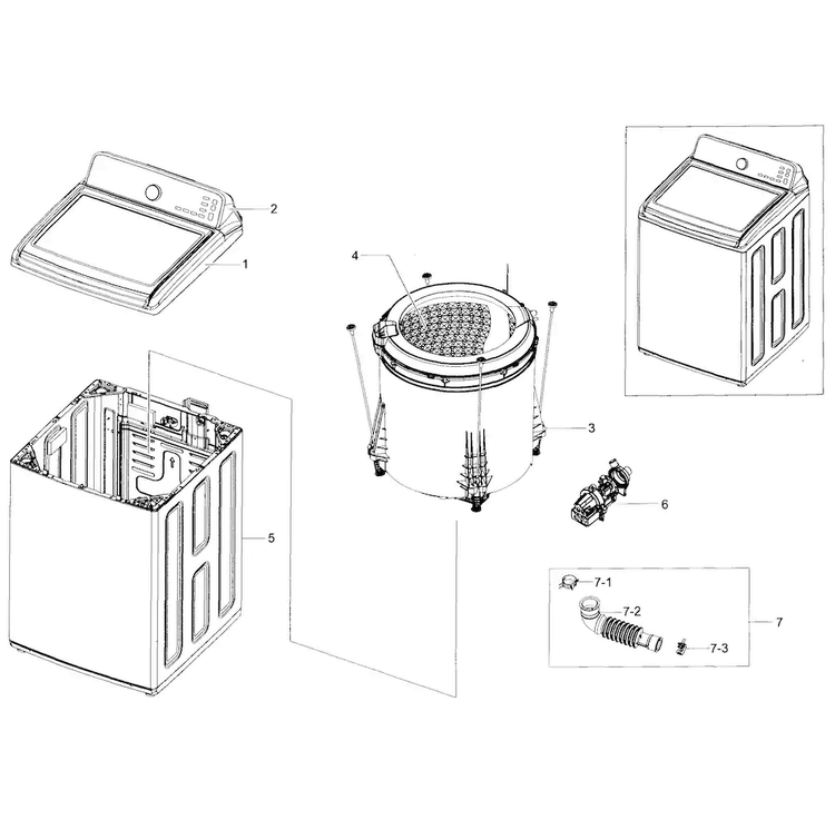 Main Asy Diagram and Parts List for WA48J7700AW A2-0002 Samsung Washer