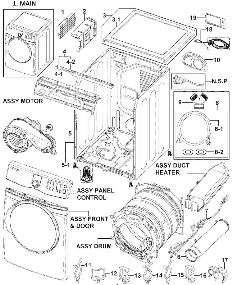 Main Assy Diagram and Parts List for DV409AER XAA-0000 Samsung Dryer