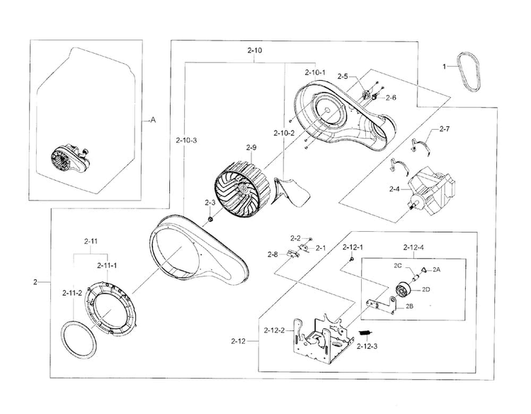 Motor Duct Diagram and Parts List for DV45H7000EW A2-0000 Samsung Dryer