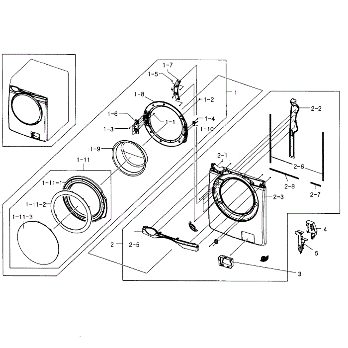 Frame Front And Door Diagram and Parts List for WF419AAW XAA-04 Samsung Washer