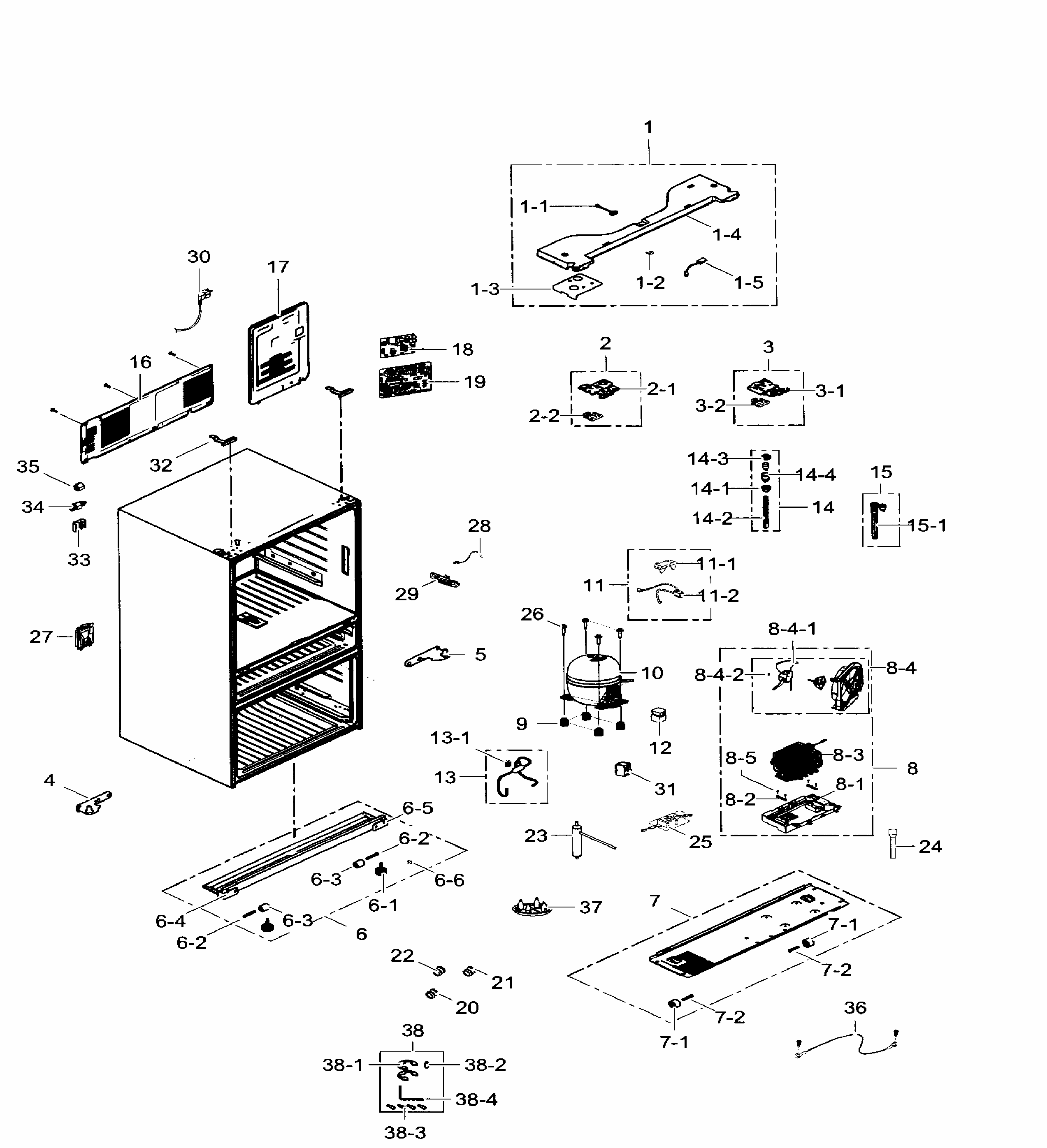 Cabinet Diagram and Parts List for RF31FMEDBWW AA-0005 Samsung Refrigerator