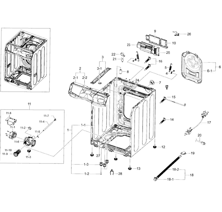 Frame & Cover Diagram and Parts List for WF45K6200AZ A2-0001 Samsung Washer
