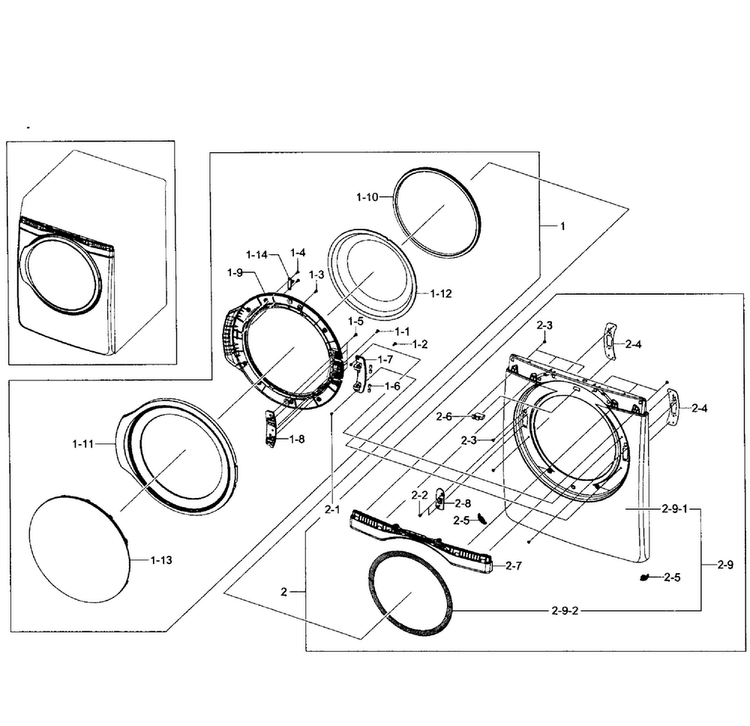 Front Assy Diagram and Parts List for DV431AGP XAA-0001 Samsung Dryer