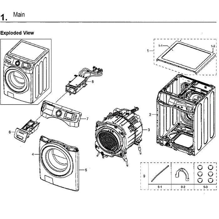 Main Assembly Diagram and Parts List for WF45M5100AW A5-11 Samsung Washer