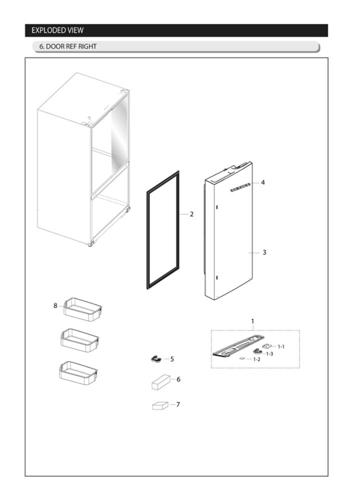 Right Refrigerator Door Parts Diagram and Parts List for RF261BEAESR AA-06 Samsung Refrigerator