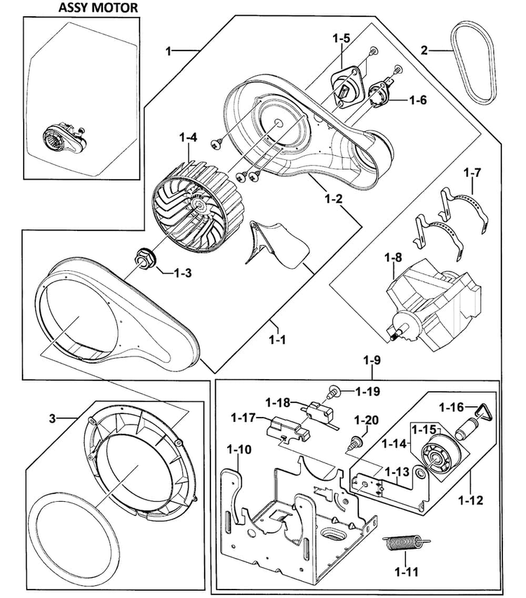 Motor Assy Diagram and Parts List for DV350AGR XAA-0000 Samsung Dryer