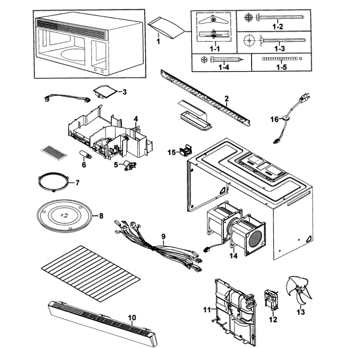 Cabinet 1 Diagram and Parts List for SMH9151W XAA-00 Samsung Microwave Oven Combo
