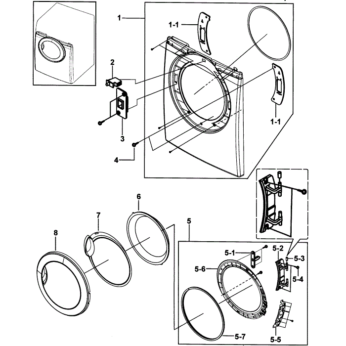 Door Assembly Diagram and Parts List for DV316LGW XAA-00 Samsung Dryer