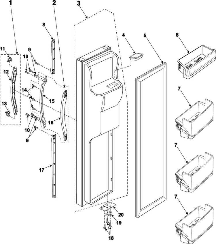 Freezer Door Diagram and Parts List for RS2622SW XAA Samsung Refrigerator