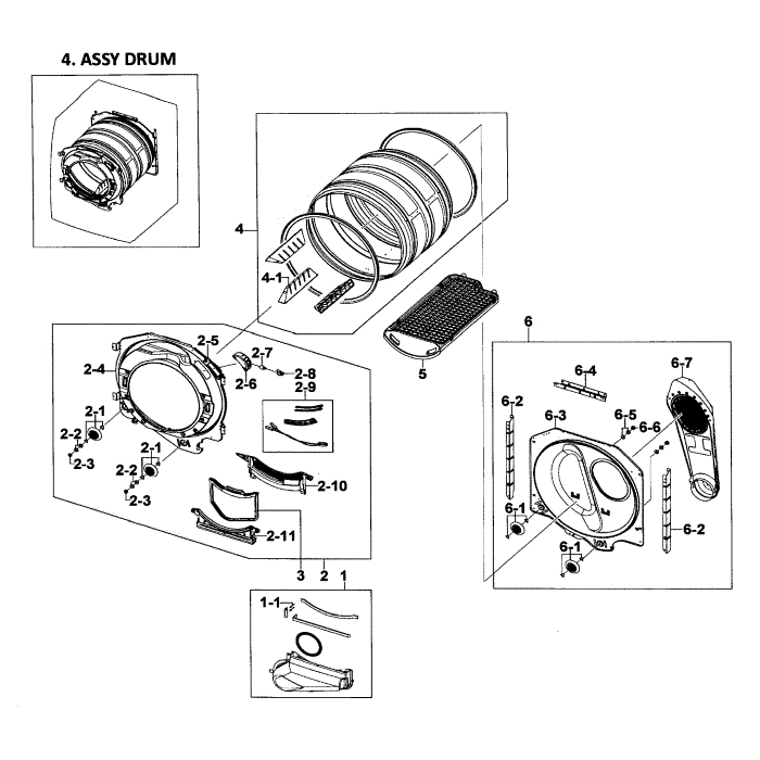 Drum Assembly Diagram and Parts List for DV218AEW XAA-01 Samsung Dryer