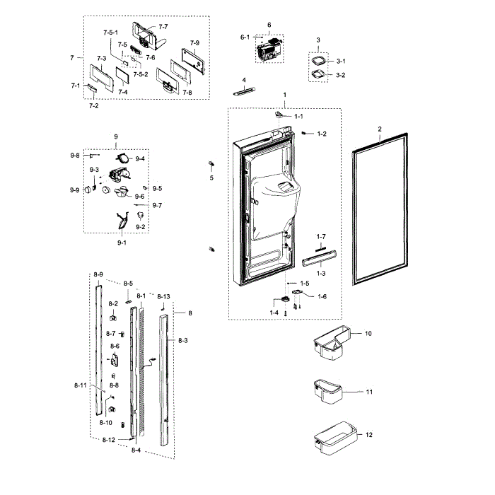 Fridge Door L Diagram and Parts List for RFG237AABP XAA-05 Samsung Refrigerator