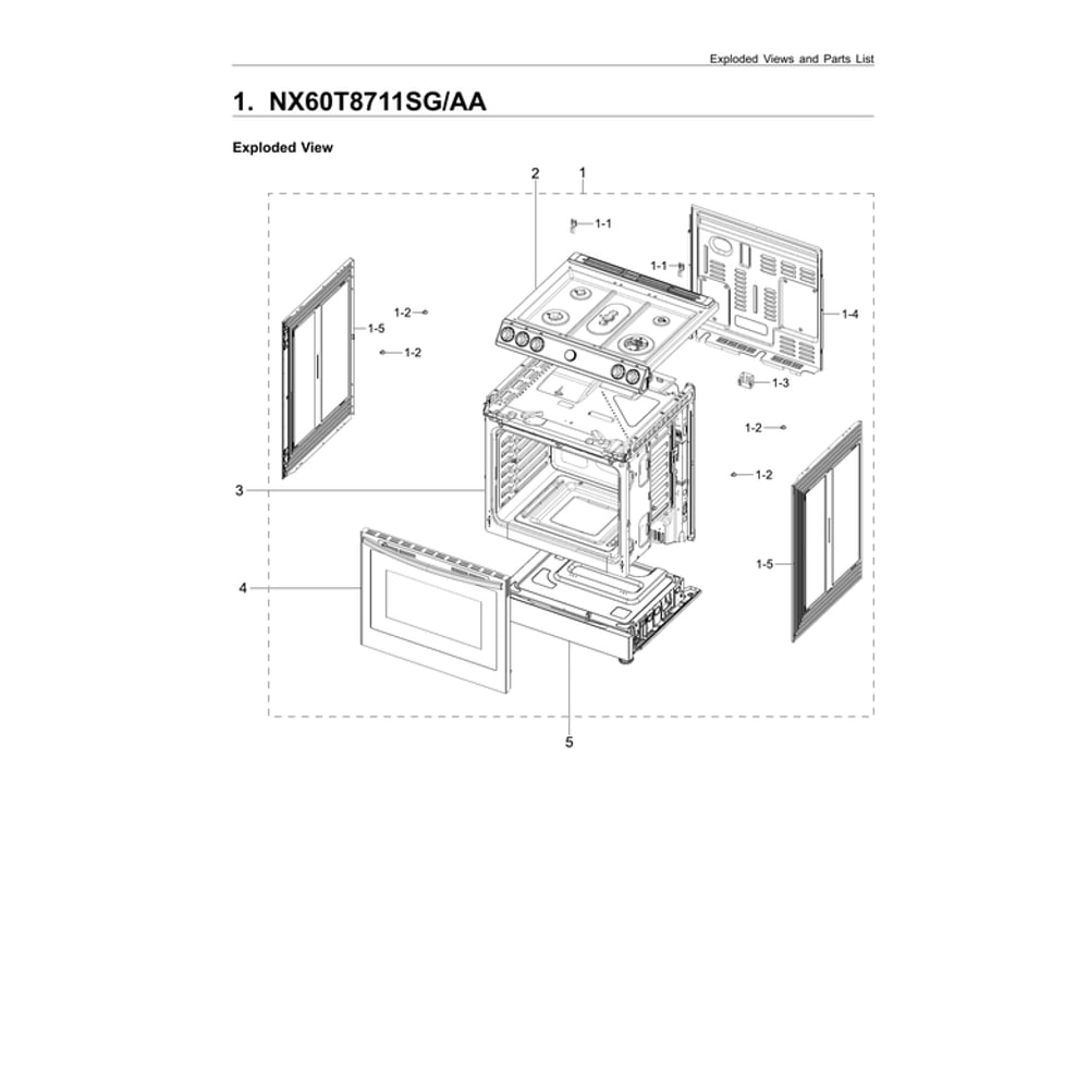 Main Assembly Diagram and Parts List for NX60T8711SG AA-00 Samsung Range