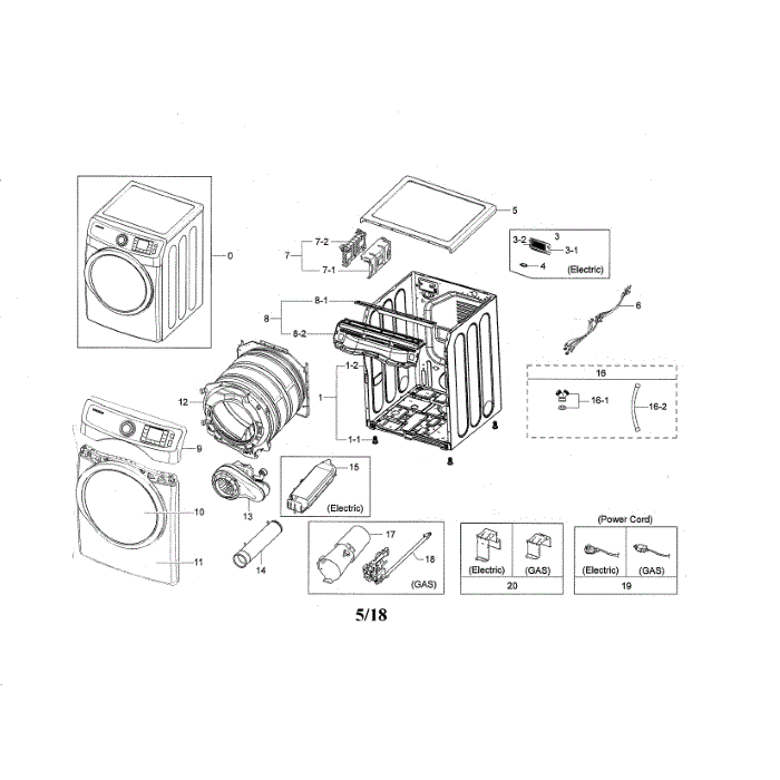 Main Unit Diagram and Parts List for DVE45N5300W A3-00 Samsung Dryer