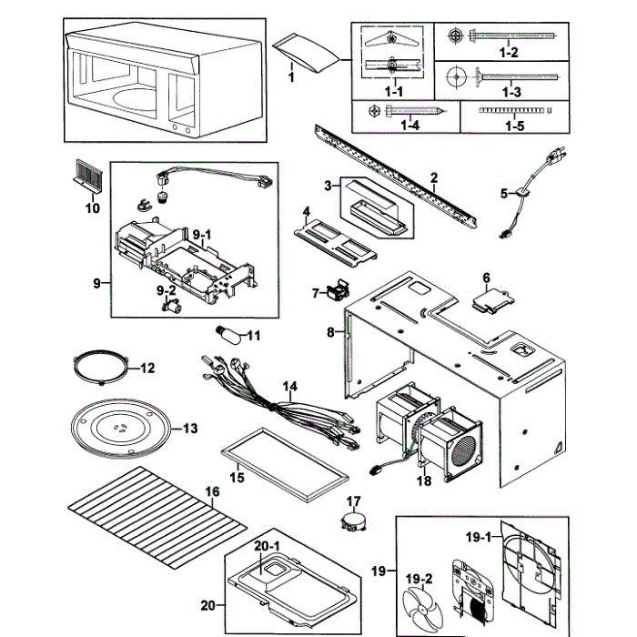Cabinet 1 Diagram and Parts List for SMH8165STE XAA-00 Samsung Microwave