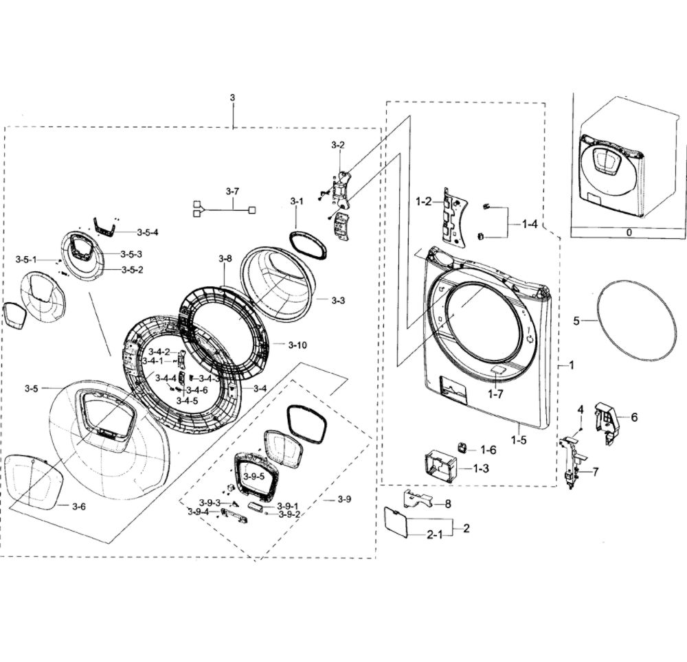 Frame Front And Door Diagram and Parts List for WF45K6200AZ A2-11 Samsung Washer