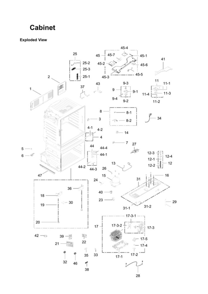 Cabinet Parts Diagram and Parts List for RF28JBEDBSR AA-08 Samsung Refrigerator