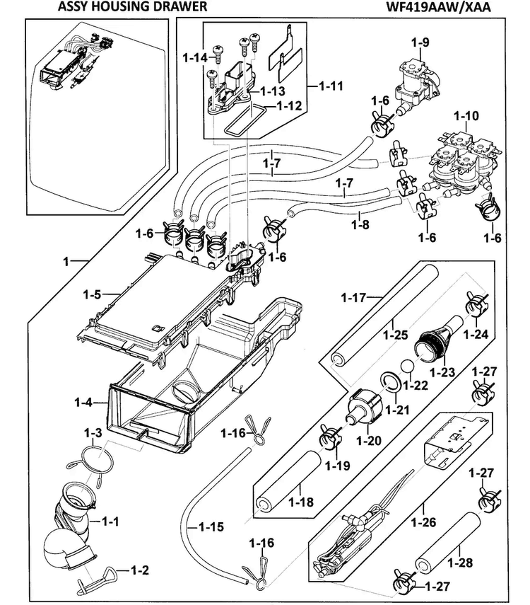 Housing Drawer Diagram and Parts List for WF419AAW XAA-0000 Samsung Washer