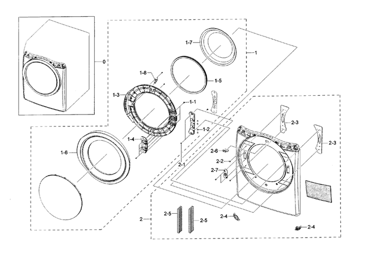 Frame Front & Door Diagram and Parts List for DV45H6300GW A3-0000 Samsung Dryer