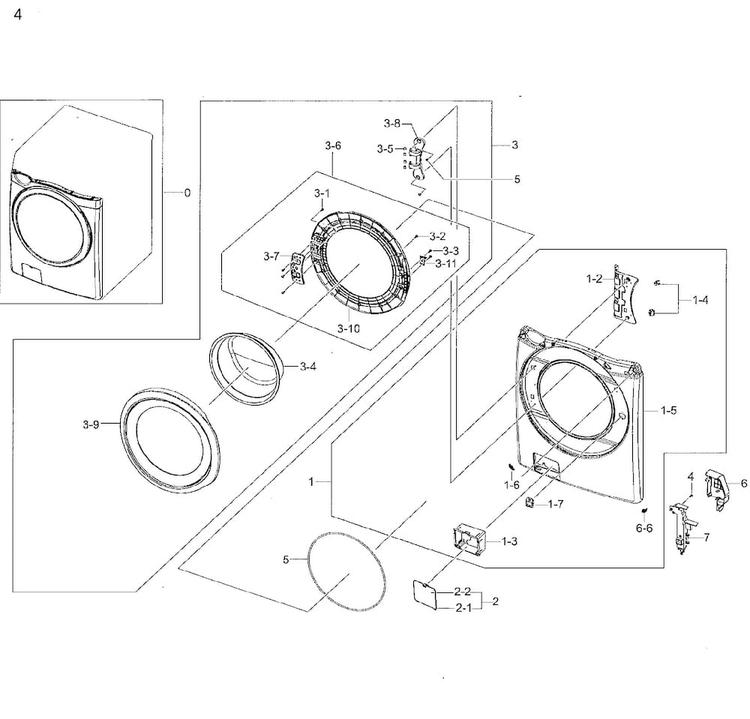 Frame Front & Door Diagram and Parts List for WF42H5200AF A2-0001 Samsung Washer