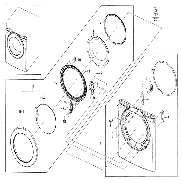 Front Assembly Diagram and Parts List for DV209AEW XAA-00 Samsung Dryer