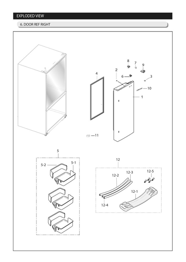 Right Refrigerator Door Parts Diagram and Parts List for RF263BEAESR AA-05 Samsung Refrigerator