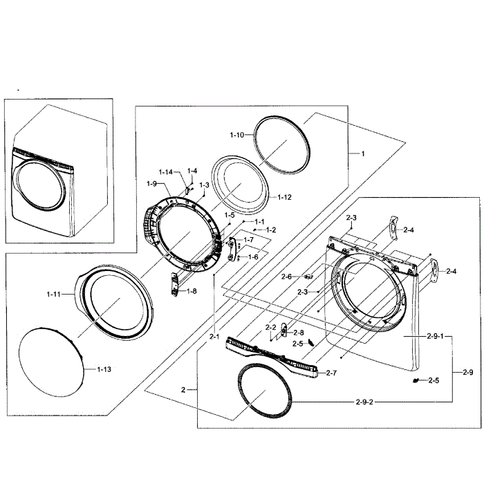 Front Assembly Diagram and Parts List for DV431AGP XAA-01 Samsung Dryer