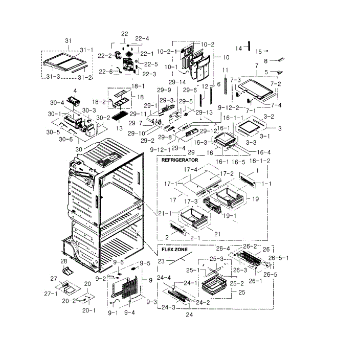 Refrigerator Diagram and Parts List for RF25HMEDBBC AA-01 Samsung Refrigerator