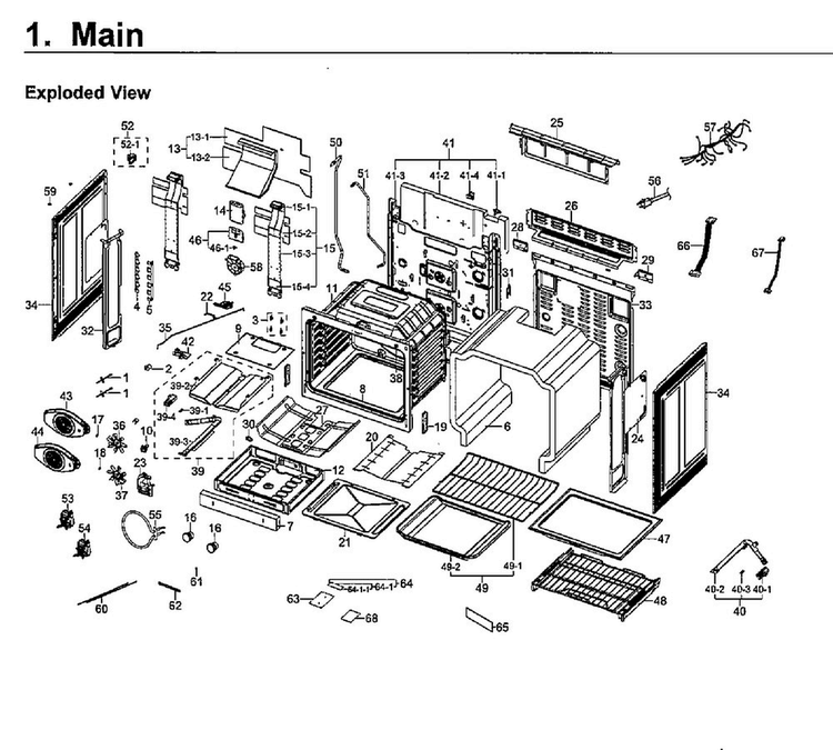Main Asy Diagram and Parts List for NX58J7750SS AA-0001 Samsung Range