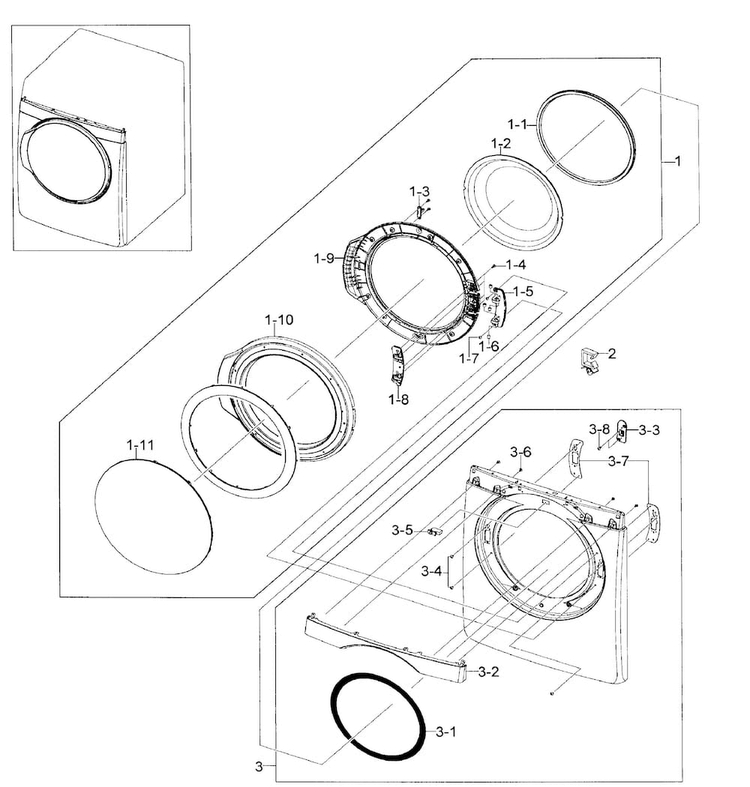 Front/door Assy Diagram and Parts List for DV448AGE XAA-0002 Samsung Dryer