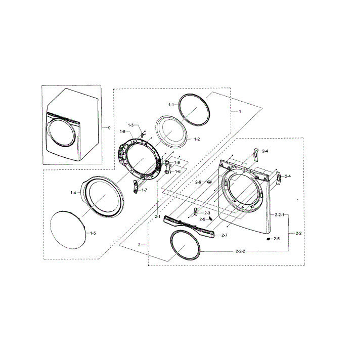 Front And Door Diagram and Parts List for DV395ETPARA A1-00 Samsung Dryer