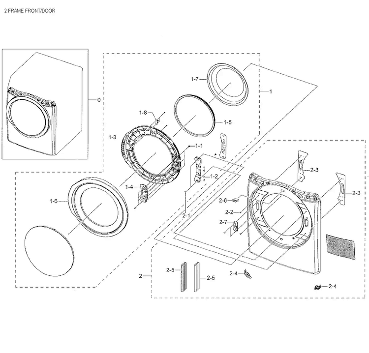 Frame Front & Door Diagram and Parts List for DV42H5000GW A3-0001 Samsung Dryer