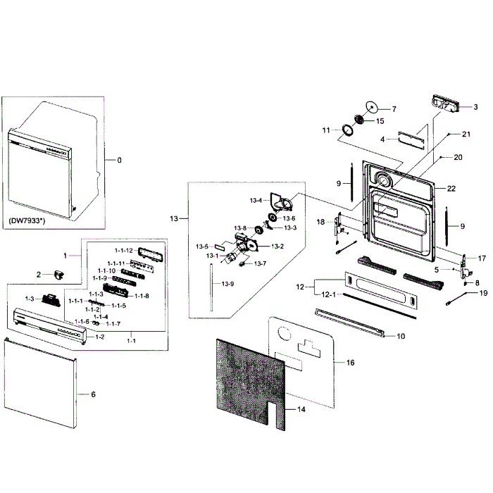 Door Assembly Diagram and Parts List for DW7933LRAWW AA-01 Samsung Dishwasher