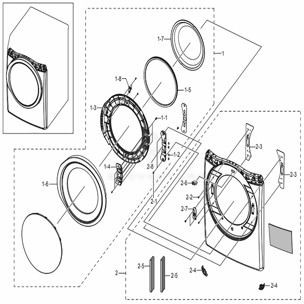 Assembly Frame Front And Door Diagram and Parts List for DVG45N5300W (A3)(0000) Samsung Dryer
