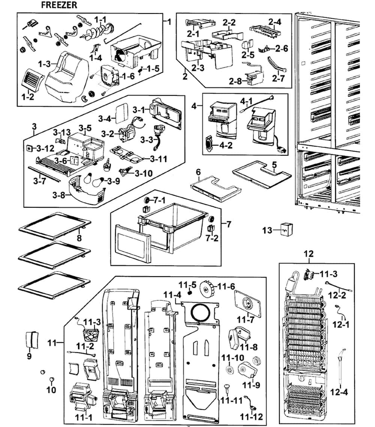 Freezer Diagram and Parts List for RM257ACRS XAA-0000 Samsung Refrigerator