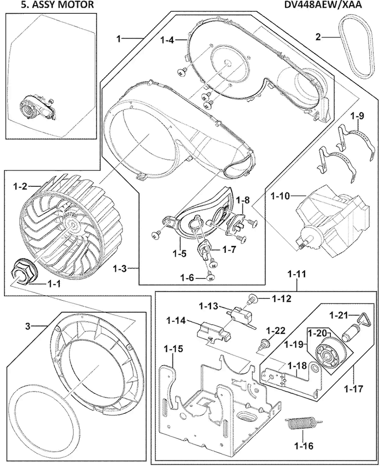 Motor Assy Diagram and Parts List for DV448AEW XAA-0000 Samsung Dryer