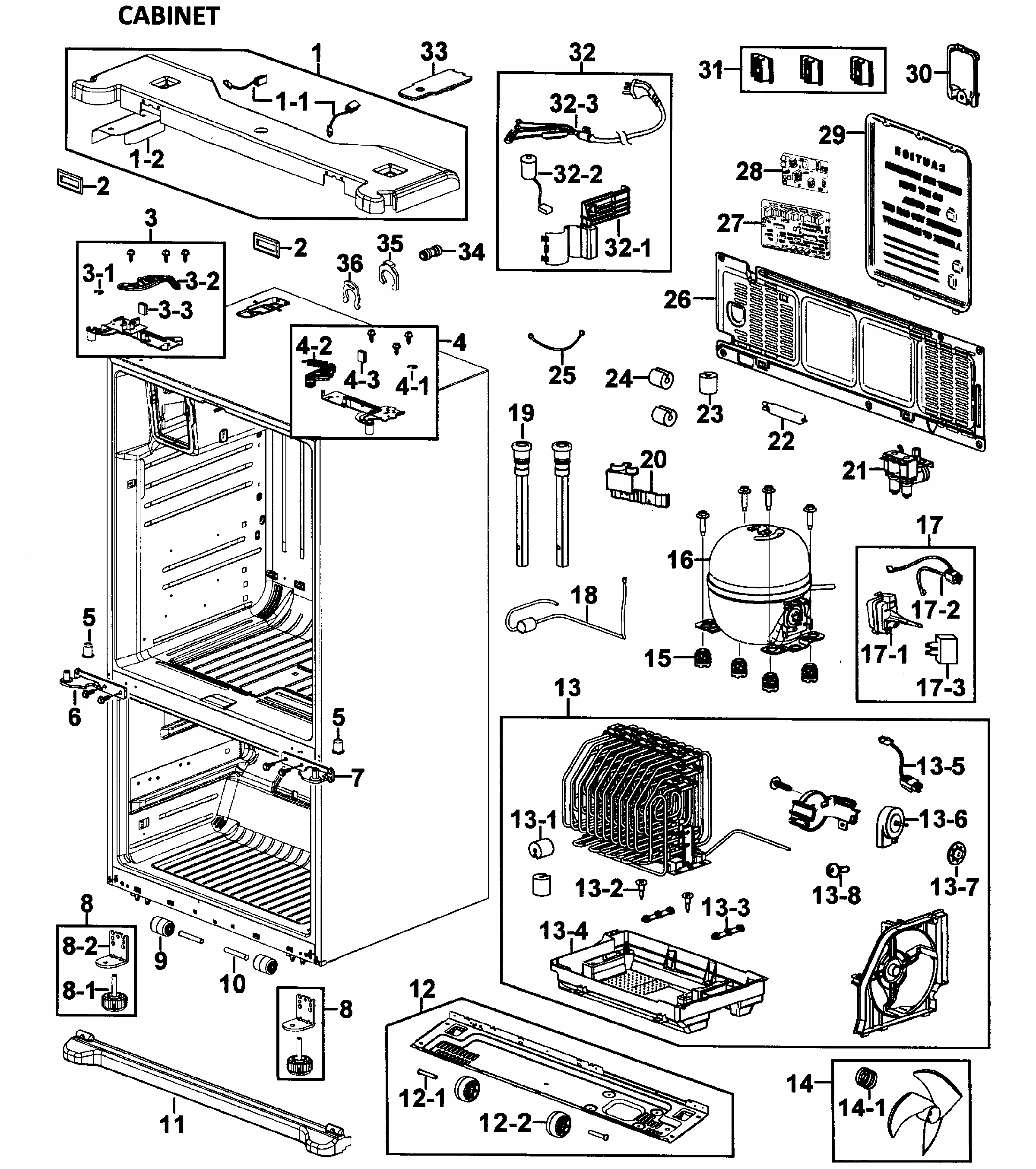 Cabinet Assy Diagram and Parts List for RF26VACWP XAA-0000 Samsung Refrigerator